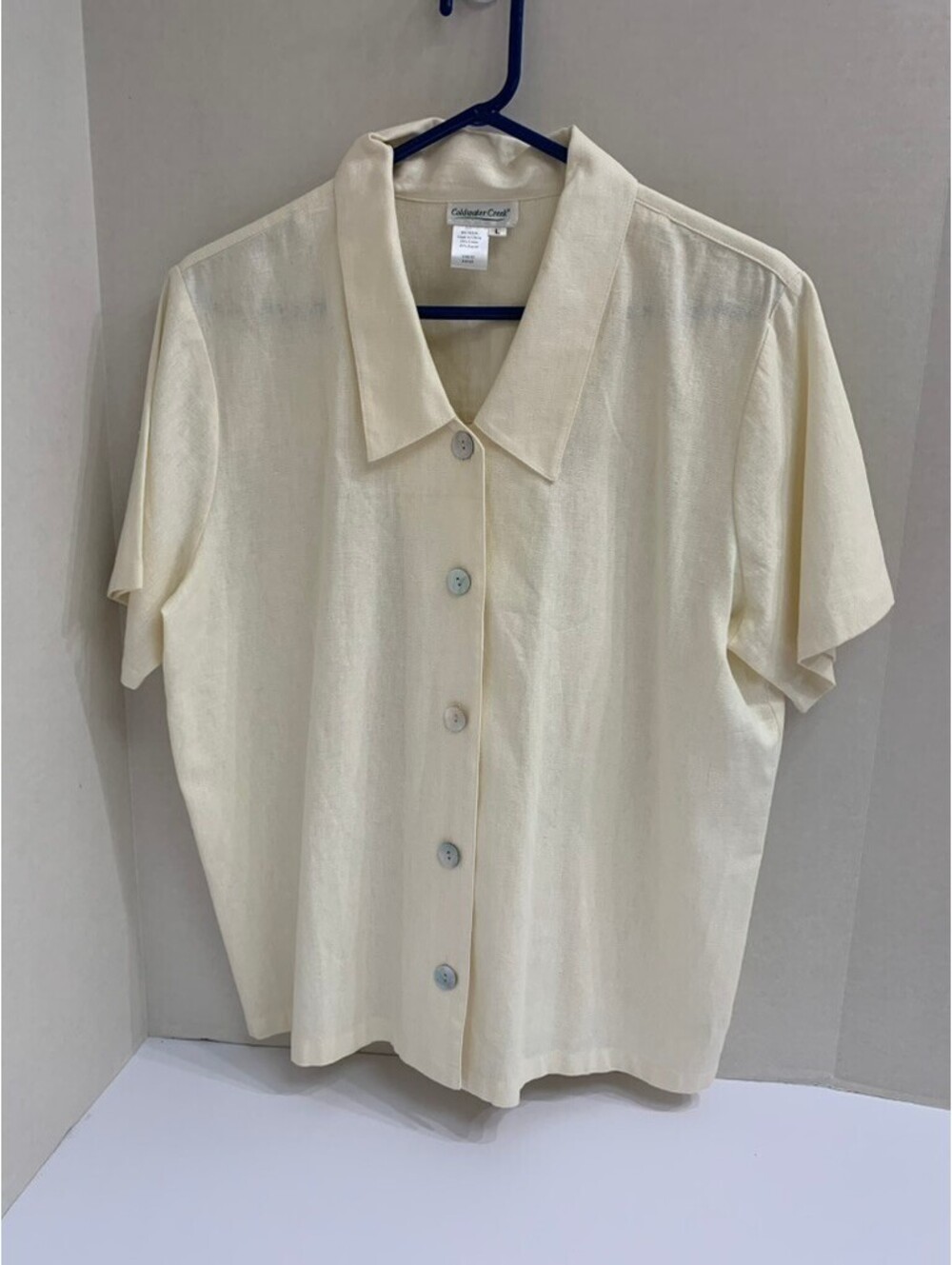 Coldwater Creek Short Sleeve Button Down Ivory Linen Rayon Size L Shirt Top